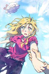 2girls blonde_hair blush clear_sky frilled_shirt frills hat holding_another&#039;s_arm long_hair looking_at_viewer maribel_hearn mob_cap multiple_girls out_of_frame pink_shirt puffy_short_sleeves puffy_sleeves purple_skirt re_ghotion shirt short_sleeves skirt sky surprised taboo_japan_disentanglement touhou unworn_headwear upper_body usami_renko yellow_eyes