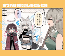 3girls absurdres animal_ears armor belt black_shirt blue_eyes blue_shorts cape chest_strap closed_eyes commentary_request earclip elf girls_band_cry gloves green_shirt grey_hair halo hamchan69 highres iseri_nina jewelry kawaragi_momoka kemonomimi_mode long_hair midriff multicolored_hair multiple_belts multiple_girls necklace open_mouth pauldrons pointy_ears red_cape red_hair roots_(hair) rupa_(girls_band_cry) shaded_face shirt short_twintails shorts shoulder_armor smile speech_bubble sweatdrop tail tooth_necklace translation_request twintails wolf_ears wolf_girl wolf_tail