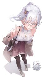 Rule 34 | 1girl, absurdres, animal, bag, bare shoulders, black pantyhose, blush, boots, brown coat, cat, coat, full body, glasses, grin, hair ornament, highres, hoonie friends, index finger raised, jun daniell, long hair, looking at viewer, pantyhose, pointing, ponytail, simple background, skirt, smile, solo, taiga torako, tiger, virtual youtuber, white background, white hair, white tiger