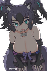 1girl animal_ears bare_shoulders black_gloves black_hair black_pantyhose black_shirt black_shoes blue_eyes bone_necklace bow cerberus_(kemono_friends) cowboy_shot crop_top cutoffs dog_ears dog_girl dog_tail elbow_gloves extra_ears fingerless_gloves gloves highres kemono_friends looking_at_viewer multicolored_hair pantyhose purple_hair sasakura_(jgay7435) scar scar_across_eye scar_on_face shirt shirt_bow shoes short_hair short_shorts shorts sleeveless solo sweatdrop tail thigh_strap