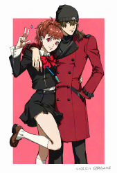 1boy 1girl 2024 aragaki_shinjirou arm_around_neck arm_around_waist black_hat black_jacket black_skirt border brown_hair brown_shoes closed_mouth coat collared_shirt dated gekkoukan_high_school_uniform hand_in_pocket hat highres iemyas9 jacket kneehighs leg_up loafers long_sleeves miniskirt persona persona_3 persona_3_portable red_coat red_eyes school_uniform shiomi_kotone shirt shoes short_hair skirt smile socks standing standing_on_one_leg twitter_username w white_border white_shirt white_socks wing_collar
