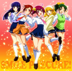 10s 5girls aoki_reika blonde_hair blue_necktie blush cardigan copyright_name green_eyes green_hair hairband highres hino_akane_(smile_precure!) hoshizora_miyuki kise_yayoi kneehighs long_hair midorikawa_nao multiple_girls necktie one_eye_closed open_mouth pink_eyes pink_hair pink_necktie ponytail precure purple_eyes purple_hair red_eyes red_hair school_uniform short_hair sleeves_rolled_up smile smile_precure! socks wauwa white_hairband wink yellow_eyes