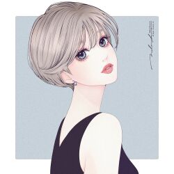 1girl border earrings grey_background head_tilt jewelry looking_at_viewer naho_graphics original outside_border parted_lips portrait short_hair signature sleeveless solo white_border