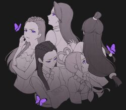 5girls ace_attorney bad_id bad_pixiv_id bug butterfly dahlia_hawthorne dress insect iris_(ace_attorney) japanese_clothes kimono long_hair maya_fey mia_fey monochrome multiple_girls pearl_fey purple_eyes