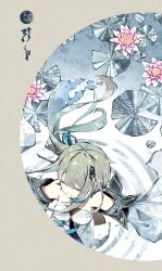 1girl bare_shoulders cha_hanare closed_eyes detached_sleeves dress flower from_above genshin_impact grey_hair guizhong_(genshin_impact) hair_ornament highres lily_pad long_hair lotus ripples sleeveless sleeveless_dress smile solo tassel tassel_hair_ornament white_dress