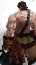 1boy back bara belt_pouch bow_(weapon) bracer brown_hair fate/grand_order fate_(series) from_behind gloves highres holding holding_bow_(weapon) holding_weapon male_focus muscular muscular_male neko_no_kedama pants pouch short_hair simple_background solo super_orion_(fate) topless_male weapon white_background
