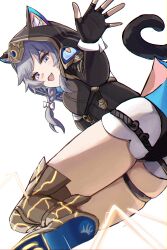 1girl absurdres animal_ear_fluff animal_ears animal_hood black_gloves black_leotard blue_eyes boots cat_ears cat_girl cat_hood cat_tail cipher_(honkai:_star_rail) commentary_request from_behind gloves gold_boots grey_hair highres honkai:_star_rail honkai_(series) hood hooded_leotard leotard open_mouth po_(popopo2525x) short_hair_with_long_locks shorts simple_background solo tail thigh_strap thighs white_background white_shorts