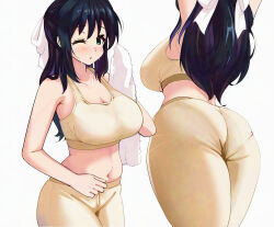 1girl alternate_breast_size aqua_eyes arms_up ass bare_arms black_hair breasts cleavage collarbone commentary_request commission hair_between_eyes hair_ribbon highres holding holding_towel kohinata_miku large_breasts long_hair multiple_views navel pantylines pisagi pixiv_commission ribbon senki_zesshou_symphogear simple_background sports_bra sportswear standing sweat towel white_background yellow_leggings yellow_sports_bra