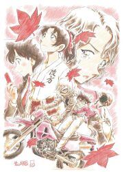 Rule 34 | 2boys, 3girls, aoyama goushou, artist name, black hair, black jacket, black shirt, black shoes, black shorts, blonde hair, blush, border, cellphone, closed mouth, dougi, edogawa conan, falling leaves, hair ribbon, hand up, hattori heiji, helmet, high ponytail, holding, holding phone, jacket, leaf, long hair, looking at object, looking up, maple leaf, meitantei conan, motor vehicle, motorcycle, motorcycle helmet, mouri ran, multiple boys, multiple girls, official art, on motorcycle, oooka momiji, pants, phone, ponytail, red background, red jacket, red ribbon, red sleeves, red theme, ribbon, riding, shirt, shoes, short hair, shorts, signature, smartphone, sneakers, tears, tooyama kazuha, white border, white pants, white shirt