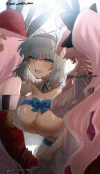 3girls animal_ears blue_eyes blue_ribbon breasts dobrynya_nikitich_(fate) dobrynya_nikitich_(second_ascension)_(fate) fate/grand_order fate_(series) grin hair_intakes hairband hat highres hug koyanskaya_(assassin)_(second_ascension)_(fate) koyanskaya_(fate) koyanskaya_(foreigner)_(second_ascension)_(fate) large_breasts long_hair mat_uskr_tam multiple_girls pink_hair ribbon smile tamamo_(fate) twitter_username white_hair