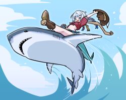 1girl alternate_costume blue_eyes blue_hair blue_skirt blue_sky boots braid breasts brown_boots cloud cowboy_boots cowboy_hat cowgirl_(western) fins fish_tail gawr_gura grey_hair hat hololive hololive_english long_hair looking_at_viewer moral_cacoethes multicolored_hair navel red_shirt riding_shark shark_girl shark_tail shirt skirt sky small_breasts smile solo streaked_hair tail teeth tied_shirt twin_braids upper_teeth_only virtual_youtuber water