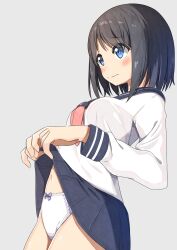 1girl absurdres black_hair blue_eyes blue_skirt bow bow_panties breasts closed_mouth clothes_lift cowboy_shot grey_background highres lifting_own_clothes long_sleeves medium_hair negimiso1989 original panties school_uniform serafuku shirt simple_background skirt skirt_lift solo underwear white_panties white_shirt
