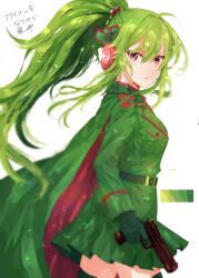 1girl belt cape color_guide dan_(syet) flygon gen_3_pokemon gloves green_cape green_gloves green_hair green_jacket green_skirt gun hair_ornament highres holding holding_gun holding_weapon jacket long_hair long_sleeves nintendo personification pink_eyes pokemon red_cape skirt solo thighhighs weapon white_background