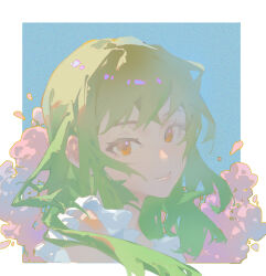 Rule 34 | 1girl, absurdres, blue background, border, chinese commentary, choppy bangs, closed mouth, commentary request, eyelashes, film grain, flower, frilled shirt, frills, green hair, hair over shoulder, highres, long hair, looking at viewer, miren de du nan, orange eyes, original, outside border, pink flower, portrait, shirt, sidelocks, sleeveless, sleeveless shirt, smile, turning head, white border, white shirt