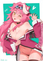 1girl ;3 animal_ears aqua_background black_choker black_panties black_thighhighs blush breasts cat_choker choker claw_pose cleavage closed_mouth coat collarbone commentary dated fingernails goggles goggles_on_head hair_intakes hashtag-only_commentary heart highres hololive hololive_english large_breasts ledukk10 long_hair long_sleeves multicolored_hair nail_polish navel no_bra one_eye_closed panther_ears panther_girl panther_tail panties pink_coat pink_hair raora_panthera raora_panthera_(1st_costume) red_nails shiny_skin signature smile solo stomach streaked_hair tail thighhighs thighs tongue tongue_out two-tone_hair underwear virtual_youtuber white_background yellow_eyes