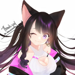 black_jacket breasts character_name cleavage cleavage_cutout clothing_cutout collarbone commentary commission english_commentary eyebrows_hidden_by_hair indie_virtual_youtuber jacket looking_to_the_side me_o_wy off_shoulder one_eye_closed portrait shimotsuki_miri shirt solo twintails virtual_youtuber white_background white_shirt