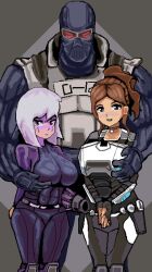 1boy 2girls arm_cannon balaclava baterkamer black_gloves blue_eyes body_armor bodysuit breasts brown_hair crossover dawn_(selaco) f.e.a.r. facial_mark gloves goggles holster jewelry large_breasts multiple_girls necklace own_hands_together pixel_art point_man_(f.e.a.r.) purple_eyes selaco severed_steel sprite_art steel_(severed_steel) trait_connection weapon white_hair