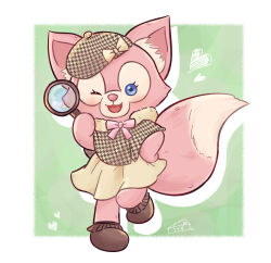 1girl animal_ears animification detective duffy_and_friends fox fox_girl furry furry_female highres linabell looking_at_viewer magnifying_glass no_humans pink_fur smile solo standing stuffed_animal stuffed_toy user_cwvk5558
