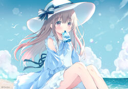 Rule 34 | 1girl, beach, bird, blue dress, blush, bow, breasts, brown hair, closed mouth, dress, frills, hat, juice box, long hair, looking at viewer, maya (tirolpop), ocean, original, outdoors, purple eyes, ribbon, sitting, sky, smile, solo, sun hat, water, white dress