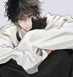 Rule 34 | 1boy, animal, animal hug, black cat, black eyes, black hair, black pants, cat, closed mouth, en (e898n), eyes visible through hair, hair over eyes, highres, long sleeves, male focus, original, pants, shirt, short hair, simple background, solo, white background, white shirt