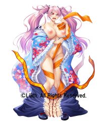 1girl breasts curvy felicia_(taimanin_kurenai) highres japanese_clothes kimono large_breasts lilith-soft long_hair long_twintails moaning open_clothes open_kimono taimanin_(series) taimanin_rpgx very_long_hair wide_hips zol