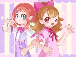 Rule 34 | 2girls, :d, ;d, aqua eyes, blush, bow, brown hair, buttons, clenched hand, clothing cutout, colorful background, commentary, cowboy shot, cropped shirt, dot nose, dress, english commentary, four-pointed star, frilled shirt, frills, grin, hair bow, hair ornament, hairclip, hand up, heart, heart hair ornament, heart pockets, highres, hood, hood down, hooded dress, inukai iroha, inukai komugi, kuro (user uwrm3742), locked arms, long hair, looking at another, looking at viewer, midriff, multiple girls, neck ribbon, one eye closed, open hand, open mouth, orange hair, pink background, pink bow, pink dress, pink ribbon, ponytail, precure, puffy short sleeves, puffy sleeves, purple background, purple shorts, red eyes, ribbon, shirt, short dress, short hair with long locks, short sleeves, shorts, shoulder cutout, side-by-side, smile, spread fingers, standing, star (symbol), star symbol background, striped background, suspender shorts, suspenders, waving, white shirt, wonderful precure!, yellow background