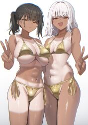 2girls absurdres areola_slip arm_around_waist armpit_crease bikini black_hair blunt_bangs breasts cleavage closed_mouth cowboy_shot female_pubic_hair golden_week_bikini highres large_breasts looking_at_viewer mole mole_on_breast mole_under_eye multiple_girls navel one-piece_tan open_mouth orange_eyes original ponytail pubic_hair pubic_hair_peek ramanda shirt_tan short_hair shorts_tan side-tie_bikini_bottom simple_background small_breasts standing swept_bangs swimsuit tan tanline v white_background white_hair