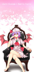 1girl akira_(mr_akira) armchair ascot bad_feet bare_legs barefoot bat_wings chair character_name cherry_blossoms female_focus hat highres looking_at_viewer mob_cap petals purple_hair red_eyes remilia_scarlet short_hair sitting smile solo touhou wings wrist_cuffs