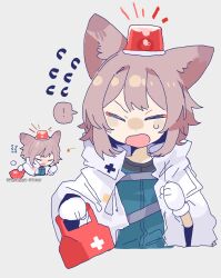 ! 1girl alarm_siren animal_ears arknights blue_shirt blush_stickers box brown_hair chest_strap chibi chibi_inset cloak closed_eyes cropped_torso facing_viewer first_aid_kit flying_sweatdrops fox_ears fox_girl gloves grey_background highres holding holding_box multiple_views odmised official_art_inset open_mouth reference_inset shirt short_hair simple_background small_sweatdrop spoken_exclamation_mark sussurro_(arknights) upper_body v-shaped_eyebrows white_cloak white_gloves