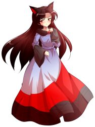 1girl alphes_(style) animal_ears brooch brown_hair commentary_request dairi dress fingernails full_body highres imaizumi_kagerou jewelry long_fingernails long_hair long_sleeves open_mouth parody red_eyes smile smug solo style_parody tachi-e touhou transparent_background wide_sleeves wolf_ears