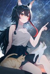 1girl absurdres animal_ear_fluff animal_ears bare_arms black_hair black_skirt bow braid closed_mouth commentary_request double-parted_bangs hair_between_eyes hair_ornament hairclip halter_shirt halterneck high-waist_skirt highres hihi_(oekakihix) hololive long_hair low_ponytail meteor_shower miniskirt multicolored_hair night night_sky official_alternate_costume ookami_mio ookami_mio_(street) outdoors pointing ponytail red_hair shirt shirt_tucked_in side_braid sidelocks single_braid sitting skirt sky sleeveless sleeveless_shirt smile solo star_(sky) starry_sky streaked_hair taiga_(ookami_mio) tail tawa_(ookami_mio) very_long_hair virtual_youtuber waist_bow white_shirt wolf_ears wolf_girl wolf_tail x_hair_ornament yellow_eyes