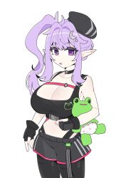 absurdres bare_arms bare_shoulders beret black_gloves black_pants black_shirt black_shoes breasts chest_strap choker cleavage collarbone cowboy_shot crescent crescent_hair_ornament crop_top fingerless_gloves framed_breasts frog gloves hair_ornament hat highres jushikuroni large_breasts long_hair looking_at_viewer midriff narrow_waist navel open_mouth pants pants_under_shorts phase_connect pointy_ears purple_eyes purple_hair shirt shoes short_shorts shorts side_ponytail sidelocks simple_background sleepy_project smile star_(symbol) star_choker star_hair_ornament thick_eyelashes tight_clothes tight_pants virtual_youtuber