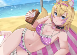 1girl :t alternate_costume animal_ear_fluff animal_ears bandaid bandaid_hair_ornament bikini blonde_hair blue_eyes blush breasts cleavage closed_mouth collarbone dog_ears dog_girl dog_tail foot_out_of_frame frilled_thigh_strap hair_between_eyes hair_ornament hairclip highres holding hololive horn_hairband long_hair looking_at_viewer lotion lying medium_breasts mococo_abyssgard multicolored_hair nail_polish naryuu_(like-af) pink_hair pink_nails polka_dot polka_dot_bikini pout sand solo sunscreen swimsuit tail thigh_strap toenail_polish toenails very_long_hair virtual_youtuber x_hair_ornament
