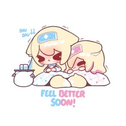 &gt;_&lt; 2girls animal_ears blonde_hair decrilus dog_ears dog_girl dog_tail fuwawa_abyssgard highres hololive hololive_english mococo_abyssgard multicolored_hair multiple_girls perroccino_(fuwamoco) pink_hair siblings sick streaked_hair tail twins virtual_youtuber white_background