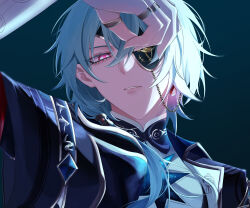 1boy absurdres anaxa_(honkai:_star_rail) aqua_hair black_jacket blue_eyes eyepatch highres honkai:_star_rail honkai_(series) jacket jewelry kannaduki_1026 male_focus medium_hair multiple_rings one_eye_covered parted_lips pink_pupils ring side_ponytail solo teeth upper_body