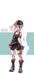 1boy arm_at_side arm_strap arm_up bandaid bandaid_on_arm belt black-framed_eyewear black_boots black_gloves black_hat blue_eyes blush boots character_name collarbone fingerless_gloves full_body glasses gloves hair_between_eyes hat highres holding kamdia kneehighs male_focus nell_(pangya) orange_socks overalls pangya parted_lips purple_eyes round_eyewear screwdriver short_hair silhouette silver_hair socks solo standing trap wrench