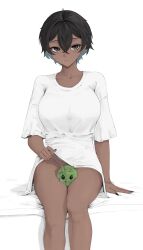 1girl absurdres black_eyes black_hair black_nails bottomless bracelet breasts clothes_lift collarbone convenient_censoring dark-skinned_female dark_skin feet_out_of_frame fingernails hair_between_eyes highres jewelry ku_(kuchurage) large_breasts lifting_own_clothes looking_at_viewer mole mole_under_eye mole_under_mouth original oversized_clothes oversized_shirt shirt shirt_lift short_hair short_sleeves sitting solo stuffed_toy tomboy toy_dinosaur white_background white_shirt