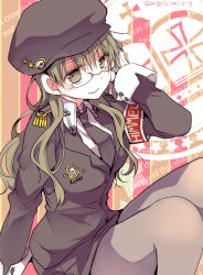 Rule 34 | 1girl, akanegasaki sora, black thighhighs, epaulettes, ever 17, glasses, green eyes, green hair, hat, hibiki mio, long hair, military, military hat, military uniform, peaked cap, smile, thighhighs