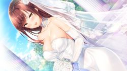 1girl ayase_hazuki blue_bow blue_sky bouquet bow breasts bridal_veil brown_hair choker cleavage collarbone day dress elbow_gloves flower game_cg gloves holding holding_bouquet large_breasts long_hair open_mouth outdoors sky solo standing strapless strapless_dress swept_bangs tachibana_iori veil very_long_hair wedding_dress white_choker white_dress white_flower white_gloves yellow_eyes yubisaki_connection