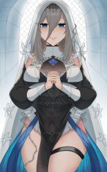 1girl aponia_(honkai_impact) black_dress blonde_hair blue_eyes breasts commentary_request cowboy_shot dress hair_between_eyes highres honkai_(series) honkai_impact_3rd indoors large_breasts looking_at_viewer medium_hair micchan_(micchanmeido) mole mole_under_eye nun pelvic_curtain smile solo thigh_strap thighs veil white_veil