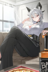 1girl absurdres ahoge black_choker black_eyes black_hair black_horns black_pants bottle breasts choker cleavage closed_mouth collared_shirt commentary crossed_legs cup curled_horns drinking_glass food grey_hair hair_between_eyes high-waist_pants highres holding holding_cup horns indoors large_breasts long_hair looking_at_viewer pants partially_unbuttoned pigpotato pizza red_eyes shirt shirt_tucked_in sitting solo tight_clothes tight_pants white_shirt window wuthering_waves zani_(wuthering_waves)