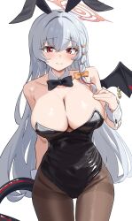 1girl alternate_costume animal_ears armpit_crease bat_wings blue_archive blush bow bowtie breasts cleavage closed_mouth collarbone detached_collar eyelashes female_focus grey_hair halo hand_on_own_chest haruna_(blue_archive) large_breasts leotard long_hair looking_at_viewer pantyhose playboy_bunny rabbit_ears red_eyes simple_background smile solo tail thershr6s thighs upper_body white_background wings wrist_cuffs