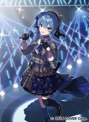 1girl beret black_gloves blue_eyes blue_hair blush choker crown gloves glowstick grey_hat hair_between_eyes hair_ribbon hand_on_own_chest hat holding holding_microphone hololive hoshimachi_suisei hoshimachi_suisei_(1st_costume) long_hair microphone misuzu0342 official_art open_mouth partially_fingerless_gloves plaid_clothes ribbon side_ponytail solo stage stage_lights star_(symbol) virtual_youtuber