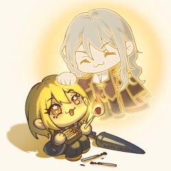 Rule 34 | 1boy, 1girl, black coat, black pants, blonde hair, coat, commentary, don quixote (project moon), father&#039;s day, fire, grey hair, hair between eyes, headpat, highres, holding matchstick, l8ren, la manchaland&#039;s don quixote (project moon), lance, limbus company, little match girl, matchbox, necktie, pants, polearm, project moon, sidelocks, spanish text, star (symbol), star in eye, symbol in eye, weapon