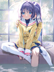 Rule 34 | 2girls, akayama yukihe, backlighting, blue eyes, blue skirt, blush, bob cut, clannad, closed eyes, commentary, day, foot out of frame, fujibayashi kyou, fujibayashi ryou, hair intakes, hair ribbon, highres, hikarizaka private high school uniform, hug, hug from behind, indoors, jacket, long hair, looking at viewer, miniskirt, multiple girls, no shoes, open clothes, open jacket, parted lips, pleated skirt, purple hair, ribbon, school uniform, serafuku, siblings, sisters, sitting, skirt, sleeves past wrists, straight hair, sunlight, thighhighs, tress ribbon, twins, v arms, very long hair, white ribbon, white thighhighs, window, yellow jacket, zettai ryouiki