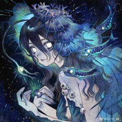 1girl black_hair fish flower glowing glowing_eyes harrymiao highres lantern long_hair open_mouth original solo
