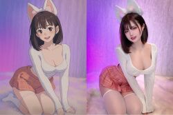 2girls animal_ears breasts brown_eyes brown_hair cat_ears cleavage collarbone comparison earrings fake_animal_ears highres japanese_(nationality) jewelry kneeling large_breasts lipstick makeup medium_breasts medium_hair multiple_girls photo-referenced pink_shirt real_life shirt skirt sweater thighhighs white_sweater