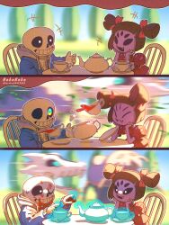 1boy 1girl artist_name black_hair blue_jacket chair closed_eyes cup day dress extra_eyes gasterblaster glowing glowing_eye highres hood hood_down hooded_jacket jacket looking_at_another muffet noah_(rokoroko) one_eye_closed open_clothes open_jacket outdoors plate red_dress sans_(undertale) shirt short_hair sitting skeleton smile teeth twitter_username undertale white_shirt