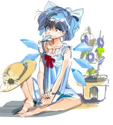Rule 34 | 1990s (style), 1girl, 6osquet, bare shoulders, blue bow, blue dress, blue eyes, blue hair, blue nails, bow, cirno, dress, fairy, food, food in mouth, hat, ice, ice cream, ice wings, medium hair, nail polish, retro artstyle, sitting, sleeveless, sleeveless dress, solo, touhou, unworn headwear, wings
