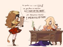 3girls absurdres armor barefoot blonde_hair blush breasts brown_hair cape centurii-chan character_request desk english_text gold_anklet hair_over_one_eye highres holding holding_scroll implied_cunnilingus legate_(centurii-chan) lion_tail multiple_girls open_mouth original plant potted_plant praetorian_(centurii-chan) purple_cape quill red_skirt roman_armor scroll skirt tail under_table yellow_eyes